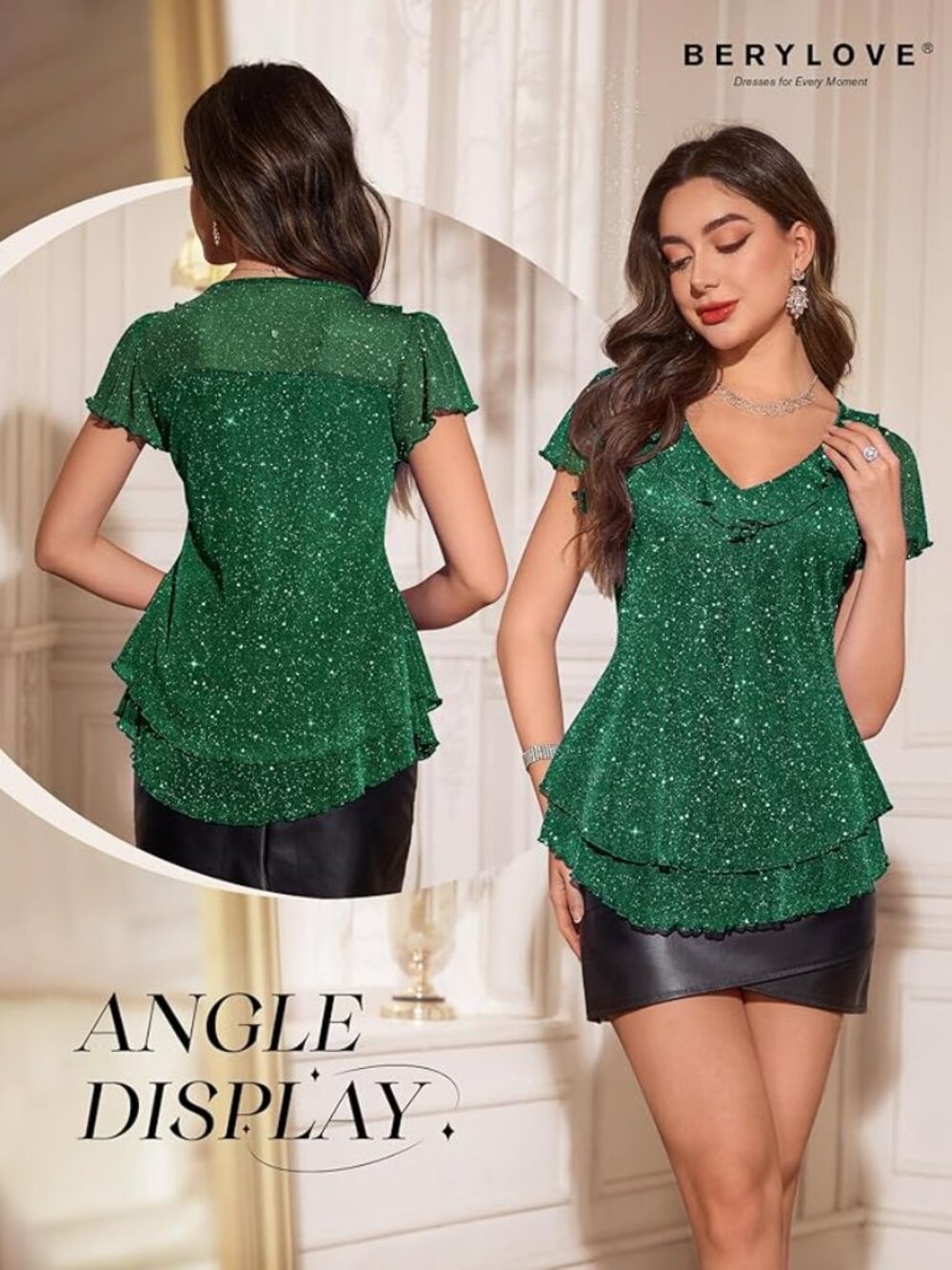 Women's Sparkly Tops Short Sleeve Glitter Casual Summer V-Neck Ruffle Top SZ XL - Picture 3 of 6